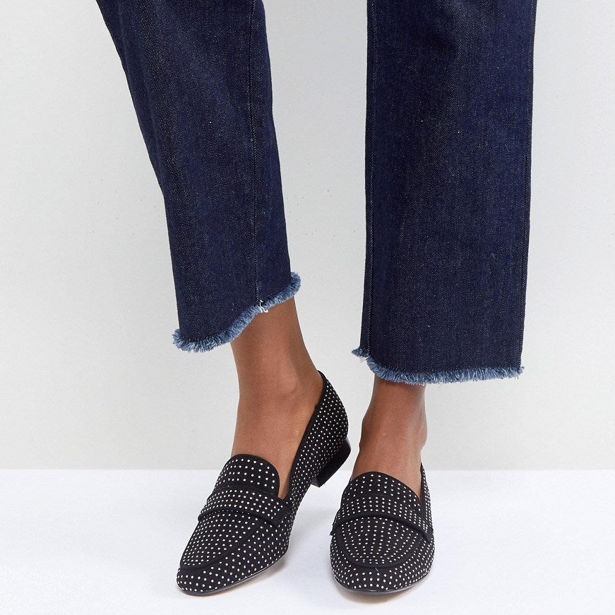 Black Studs Loafers for Women Vegan Suede Round Toe Flats