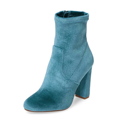Women's Teal Velvet Chunky Heel Ankle Boots with Zipper