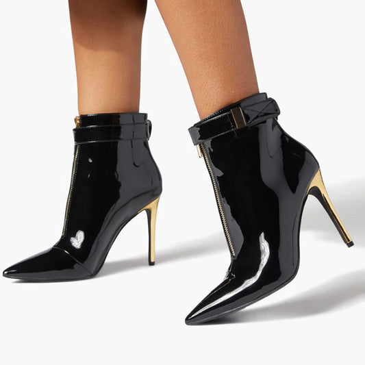 Black Patent Leather Front Zipper Stiletto Heel Ankle Boots