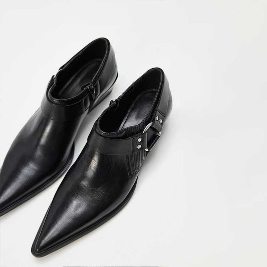 Black Buckle Strap Slip-On Pointed Toe Ankle Boots with Elastic-Band