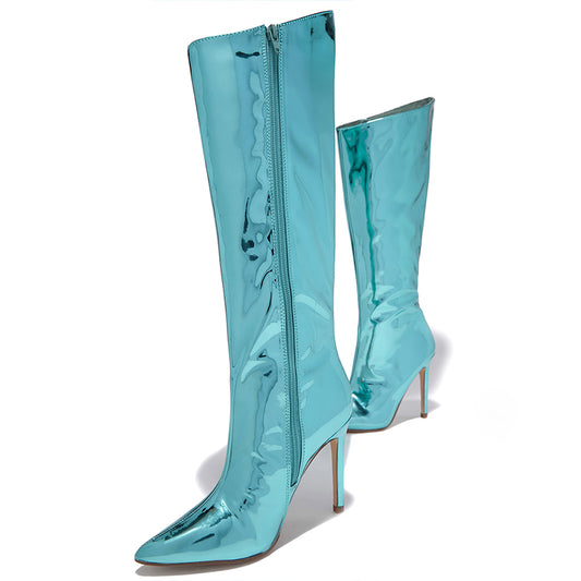 Blue Mirror Leather Pointed Toe Stiletto Heel Knee High Boots
