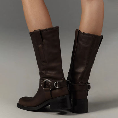 Brown Square Toe Block Heel Mid Calf Boots with Buckle Strap Design
