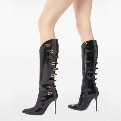 Black Patent Leather Buckle Strappy Stiletto Heel Knee High Boots