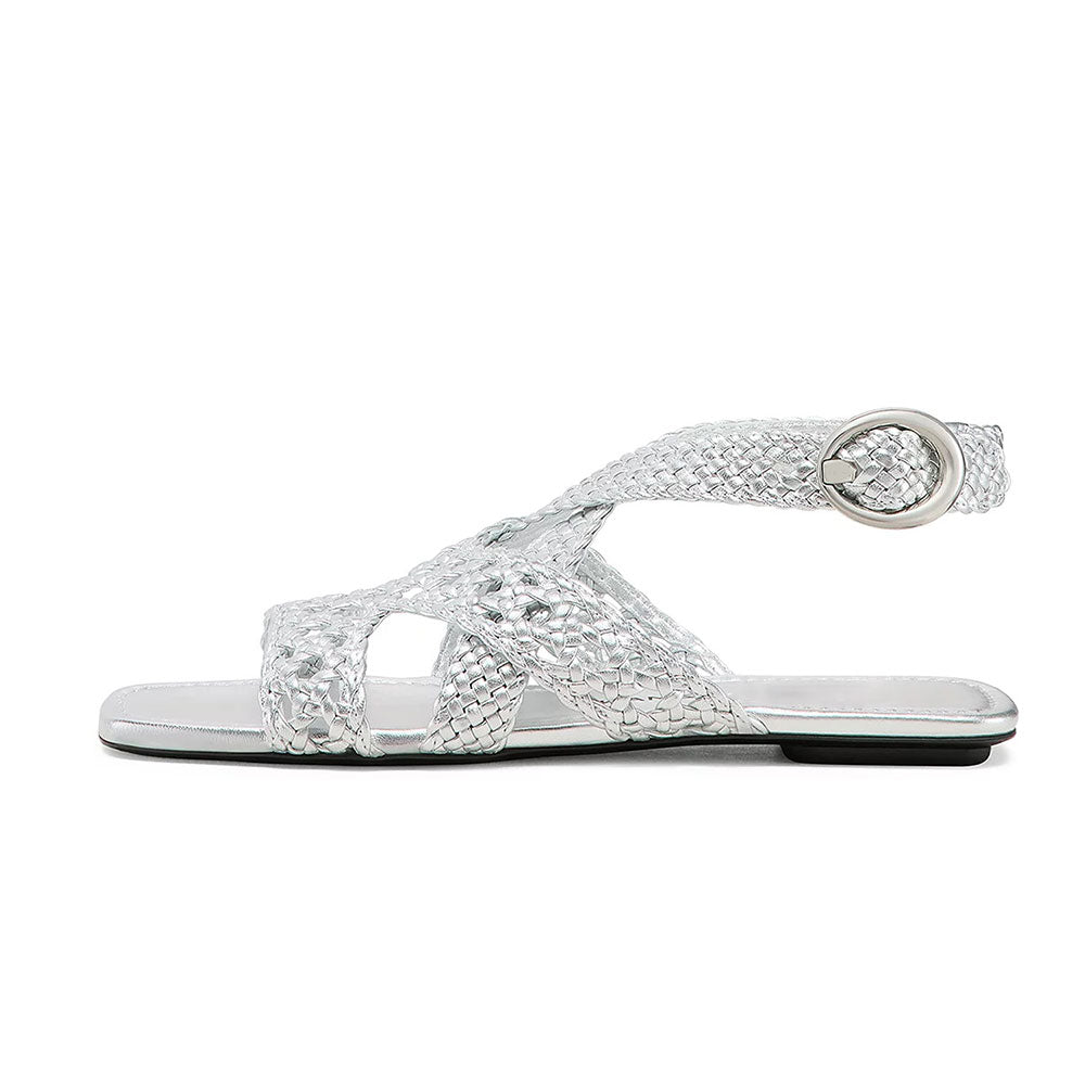 Stylish Square Toe Woven Strappy Buckled Flat Silver Sandals by FSJ