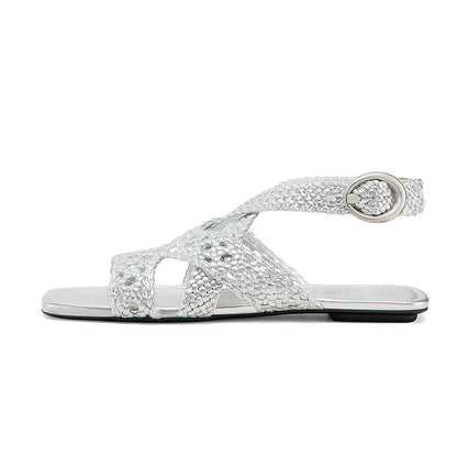 Stylish Square Toe Woven Strappy Buckled Flat Silver Sandals by FSJ