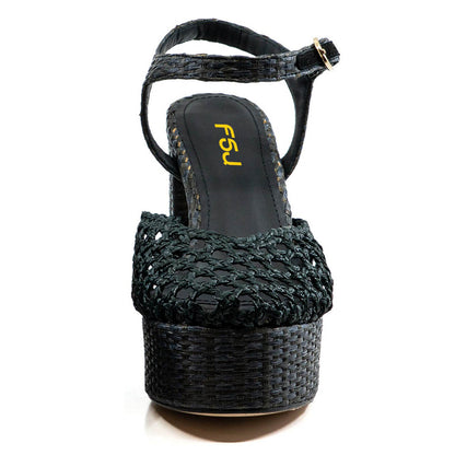 Dark Green Round Toe Woven Ankle Strap Platform High Heels Sandals