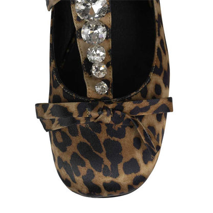 Brown & Black Leopard Print Satin Crystal Mary Jane Flats with Bows