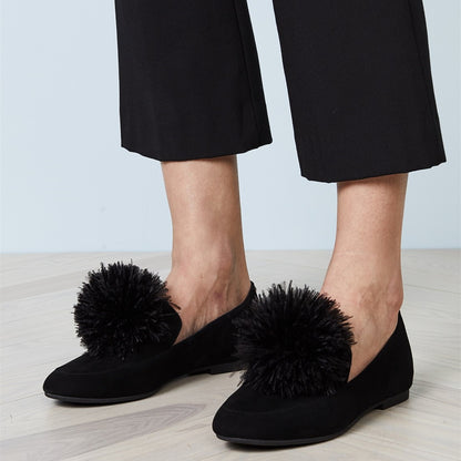 Black Vegan Suede Round Toe Pom Pom Flats Loafer Shoes Women