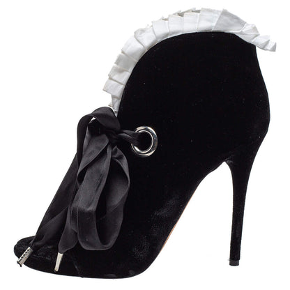 Black Velvet Stiletto Heel Lace Up Open Toe Boots with White Ruffle