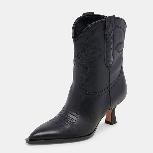 Black Pointed Toe Pull-On Stitching Ankle Boots with Kitten Heel