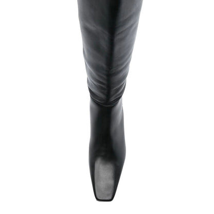 Black Vegan Leather Square Toe Kitten Heel Knee High Boots for Women