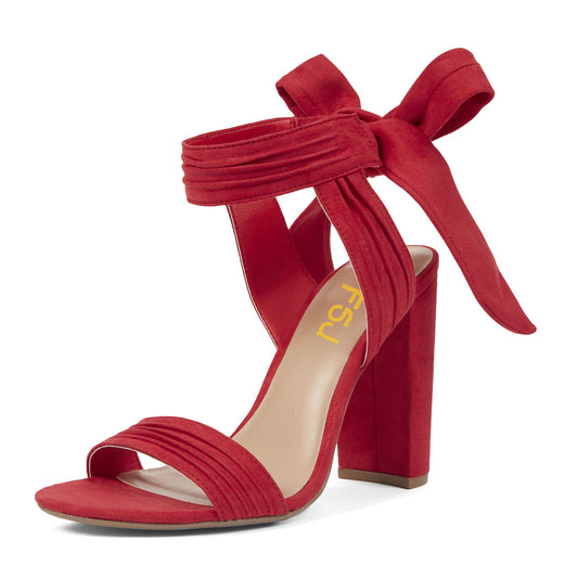 Red Vegan Suede Prom Sandals Pleated Ankle Strap Chunky Heels