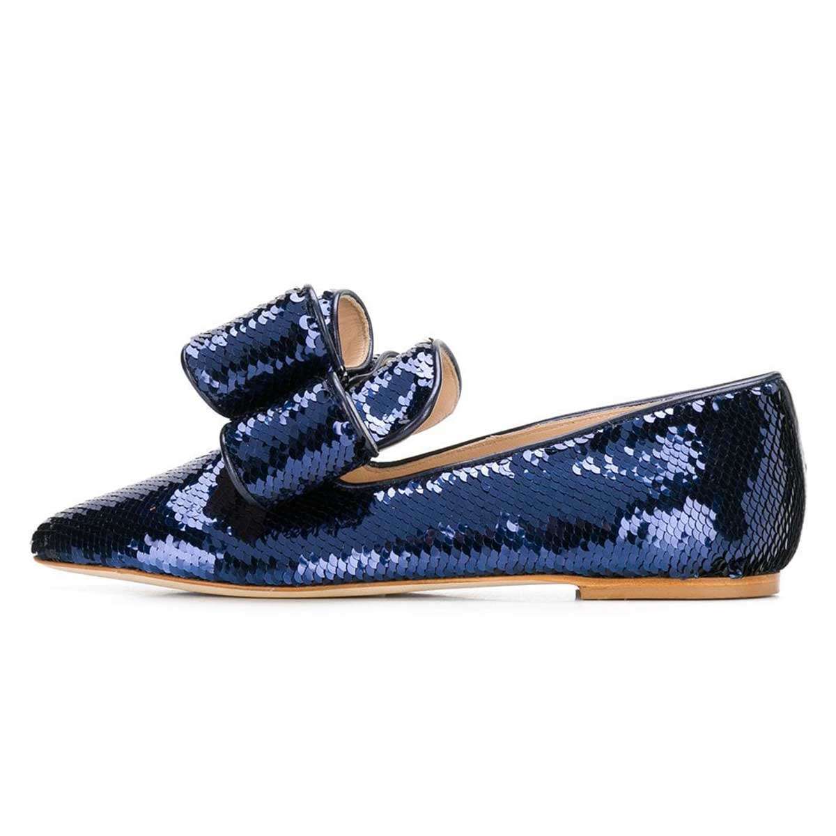 Navy Blue Sequined Slip On Pointed Toe Flats with Bow
