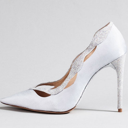 Women's White Glitter Patchwork Pointy Toe Curve Stiletto Heels Pumps