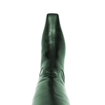 Green Pull-On Chunky Heel Knee High Boots for Women with Square Toe