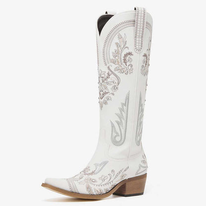 White Rhinestone Embroidered Chunky Heel Cowboy Knee High Boots