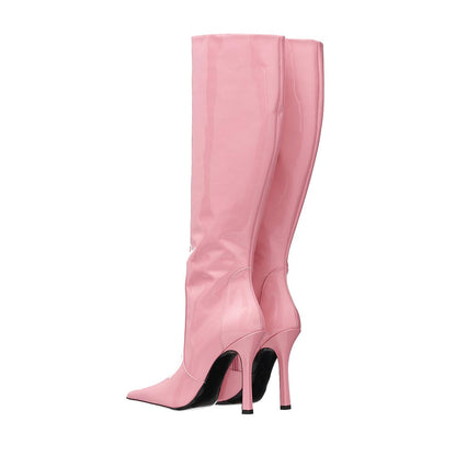 Pink Patent Pointed Toe Stiletto Heel Knee High Boots with Zipper