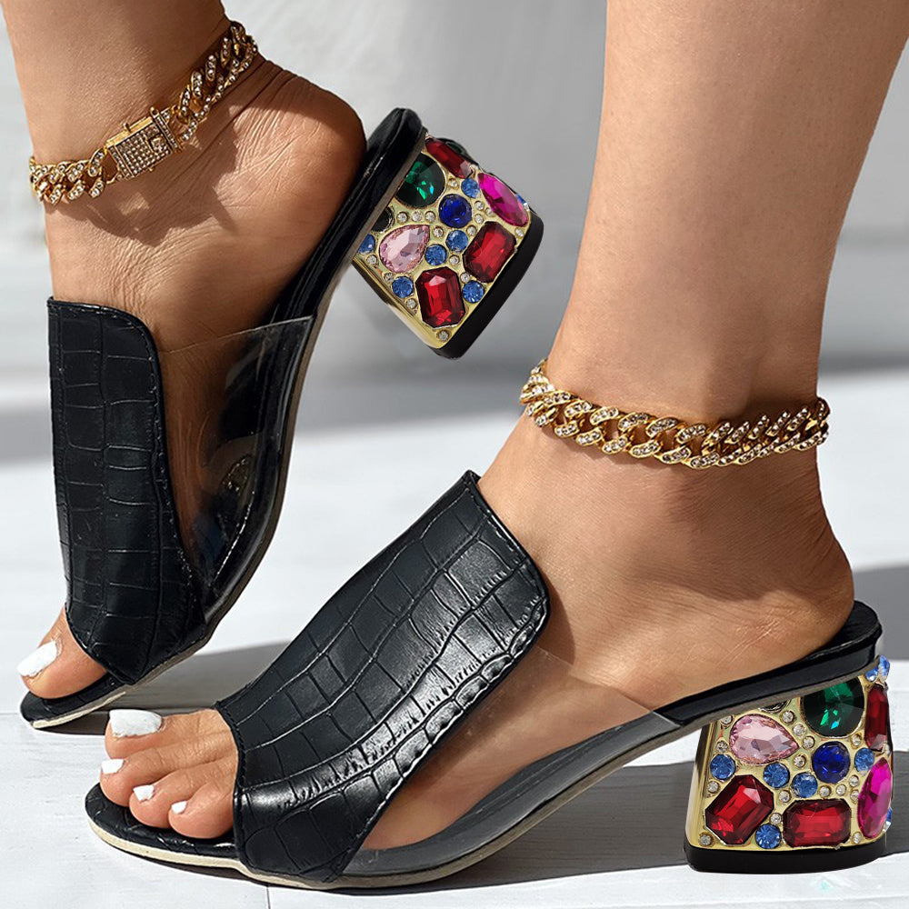 Black & Clear Open Toe Decorative Heel Mules