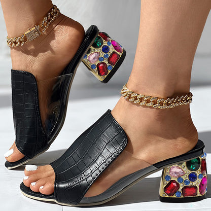 Black & Clear Open Toe Decorative Heel Mules