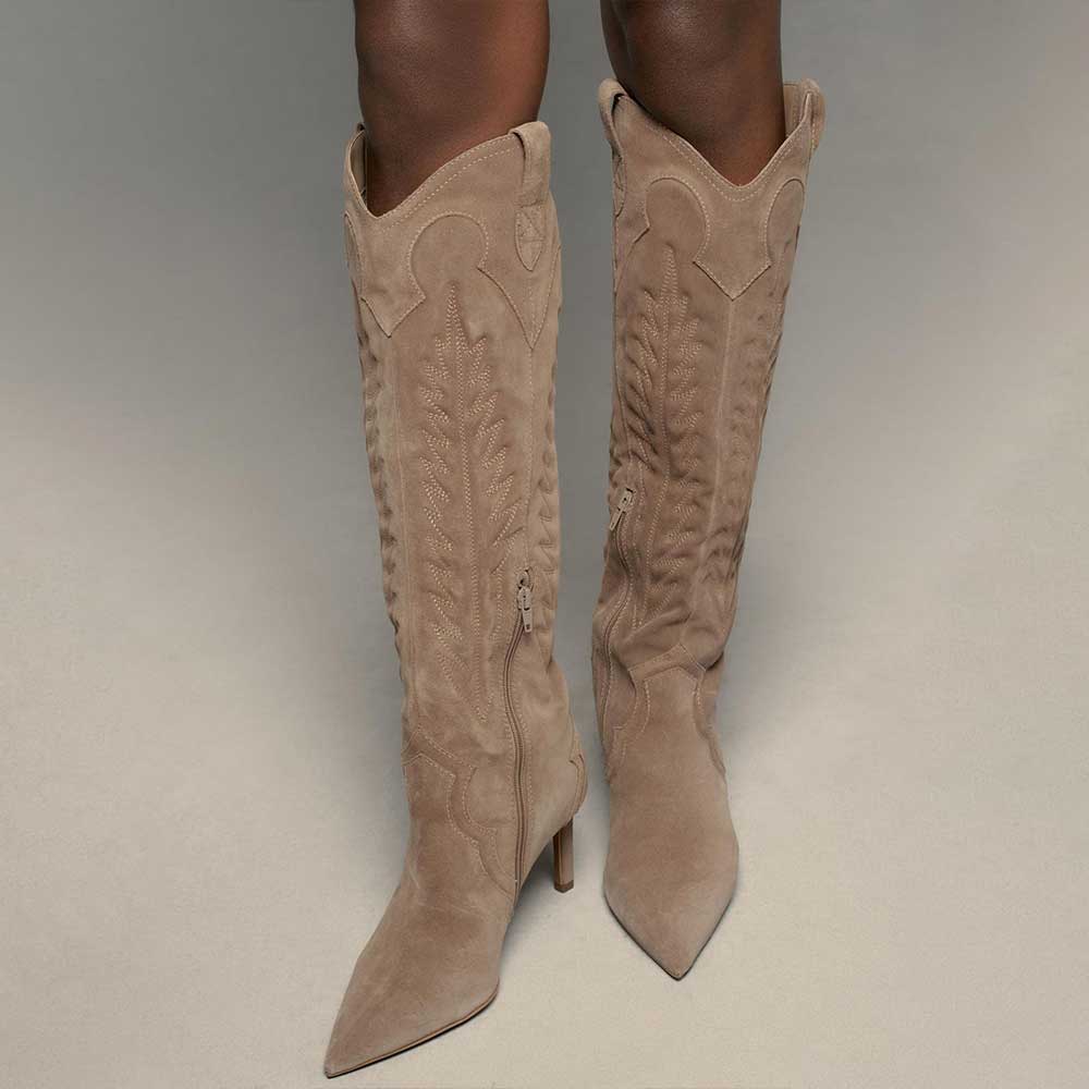 Taupe Pointed Toe Stiletto Heel Stitching Knee High Boots with Zipper