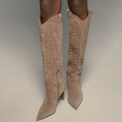 Taupe Pointed Toe Stiletto Heel Stitching Knee High Boots with Zipper