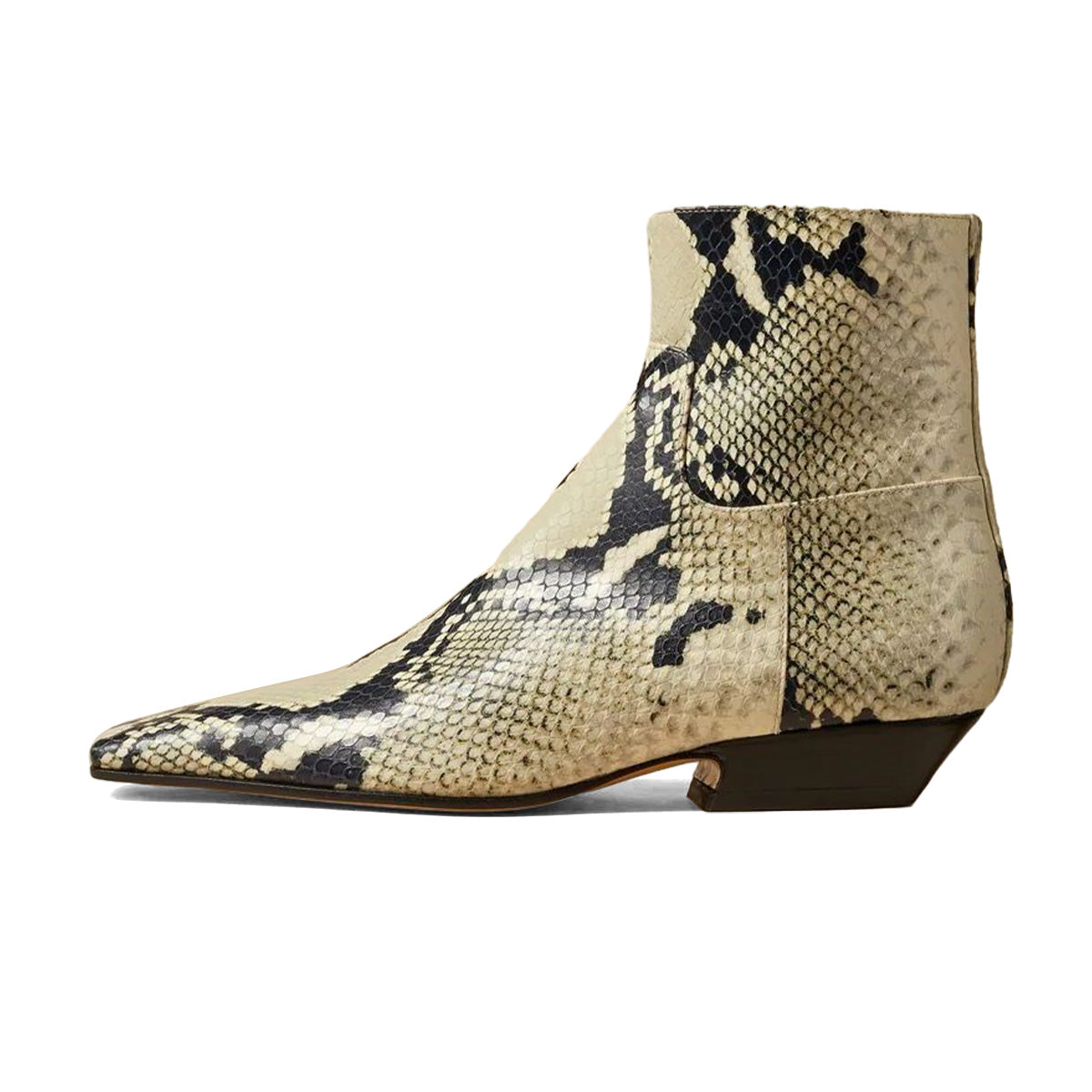 Beige & Black Snake Embossed Square Toe Zipper Low Heel Ankle Boots