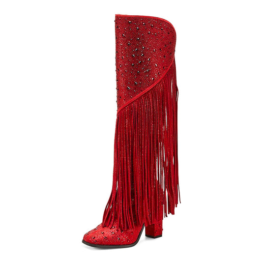Elegant Red Square Toe Rhinestone Heeled Knee High Boots with Fringe