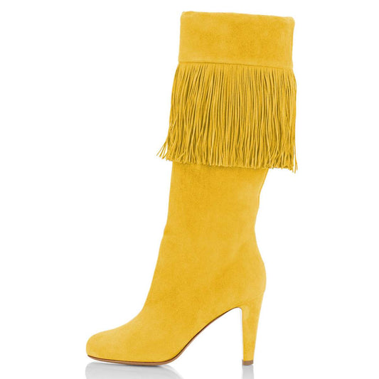 Yellow Vegan Suede Fringe Chunky Heel Knee-High Boots