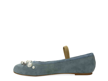 Blue Grey Round-Toe Pearl and Stud Ballet Flats with Straps