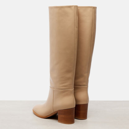 Classic Khaki Block Heel Vegan Leather Knee High Boots for Women