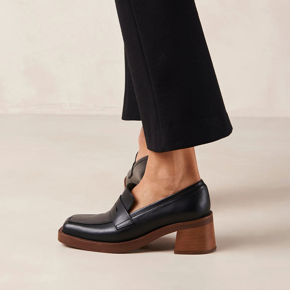 Black Square Toe Block Heel Penny Loafers for Women