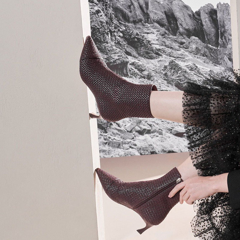 Brown Pointed Toe Kitten Heel Boots Pointed Toe Woven Booties
