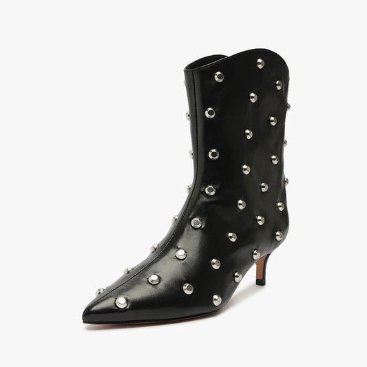 Black Studs Embellished Kitten Heel Pointed Toe Ankle Boots