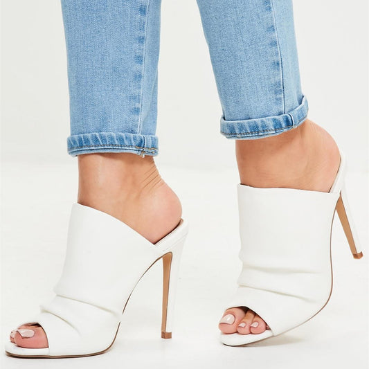 White Pleated Upper Peep Toe Stiletto Heel Mules Sandals