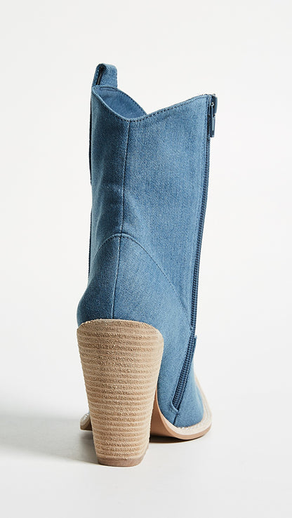 Blue Denim Square Toe Cowgirl Boots Chunky Heels Ankle Boots