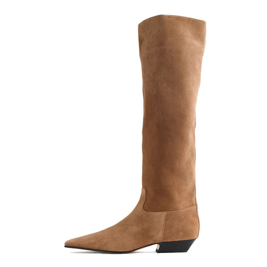 Khaki Vegan Suede Chunky Heel Knee High Boots with Square Toe