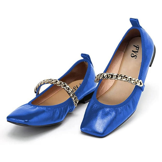 Blue Square Toe Chain Strap Vegan Leather Mary Jane Flats