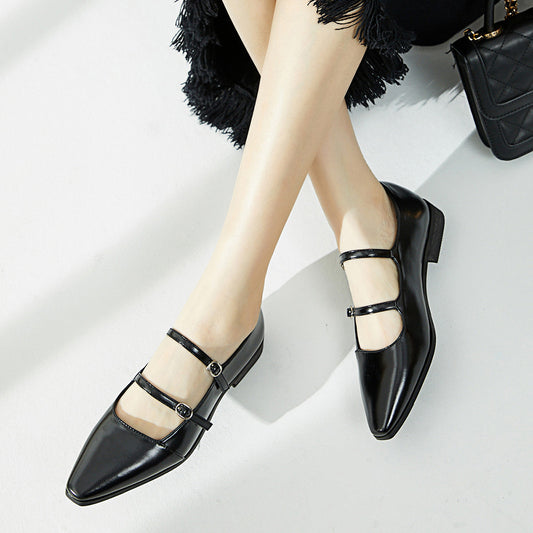 Black Pointed Toe Chunky Heel Mary Jane Flats