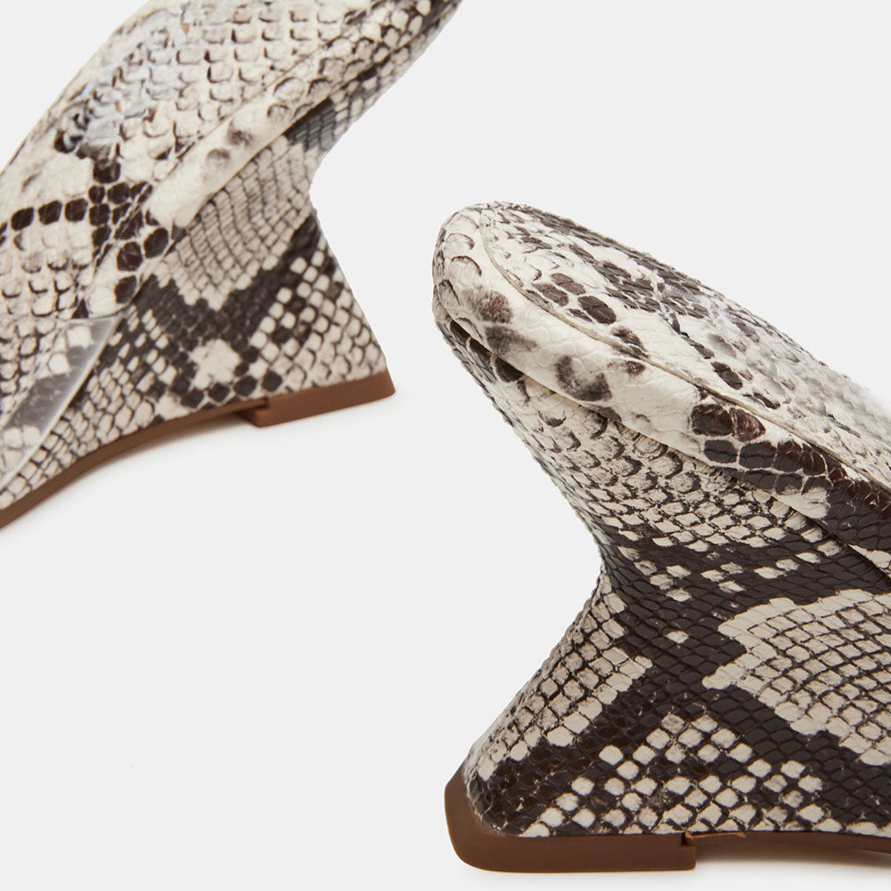 Beige & Gray Square Toe Python Embossed Mules Sandals with Wedge Heel
