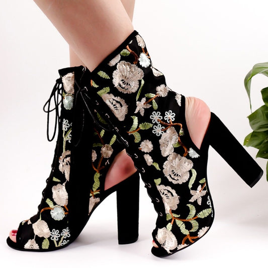 Black Lace-Up Floral Slingback Chunky Heel Ankle Boots
