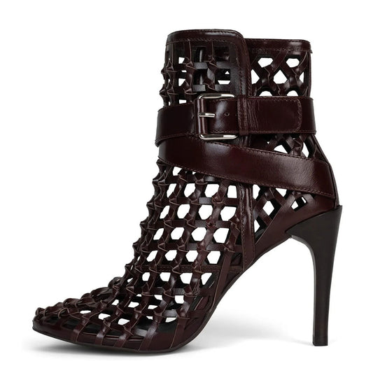 Brown Woven Detail Round Toe Heeled Buckle Stylish Boots for Ladies