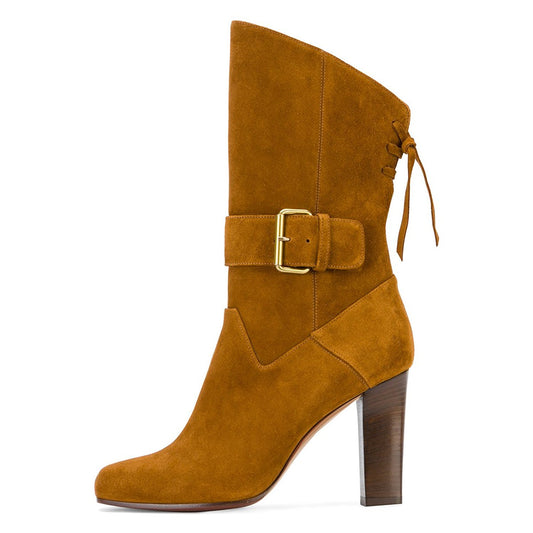 Tan Vegan Suede Back Lace Up Fashion Chunky Heel Mid Calf Boots