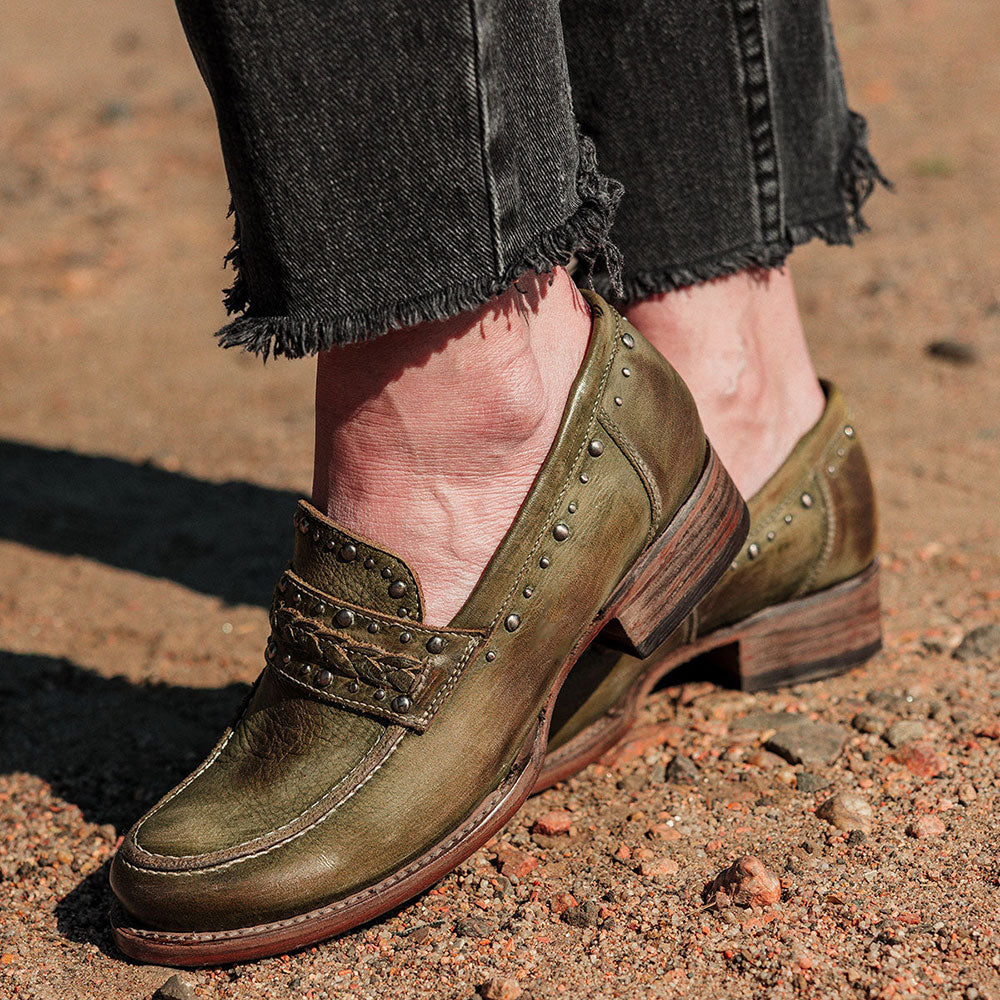 Distressed Olive Green Round Toe Block Heel Studded Women's Loafers