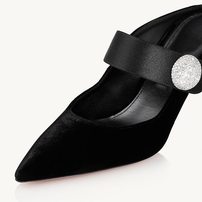 Black & Satin Velvet Pointed Toe Stiletto Heel Mules