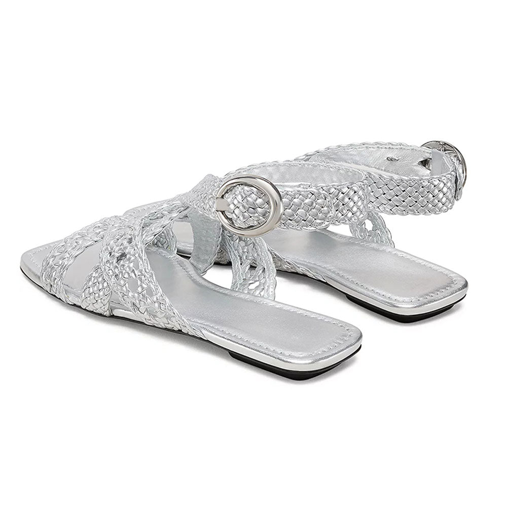Stylish Square Toe Woven Strappy Buckled Flat Silver Sandals by FSJ