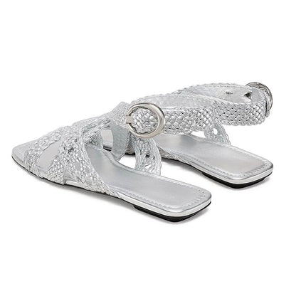 Stylish Square Toe Woven Strappy Buckled Flat Silver Sandals by FSJ