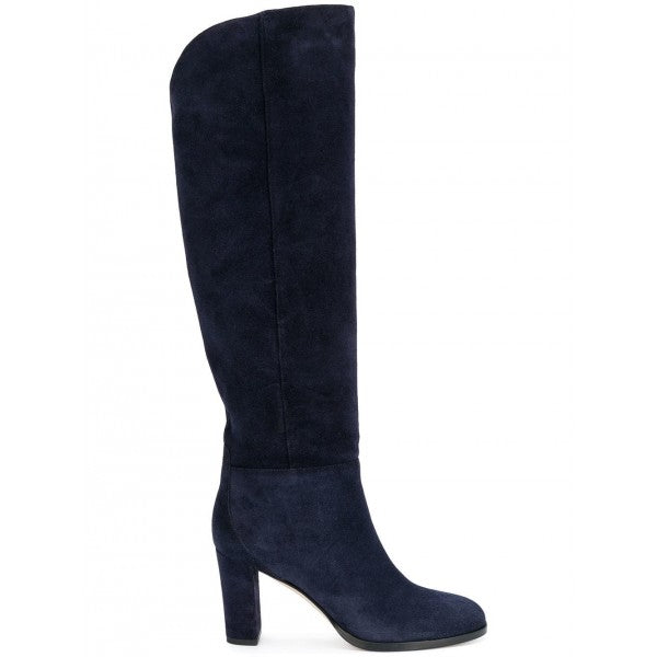 Women's Vegan Suede Round Toe Chunky Heel Knee High Boots in Navy