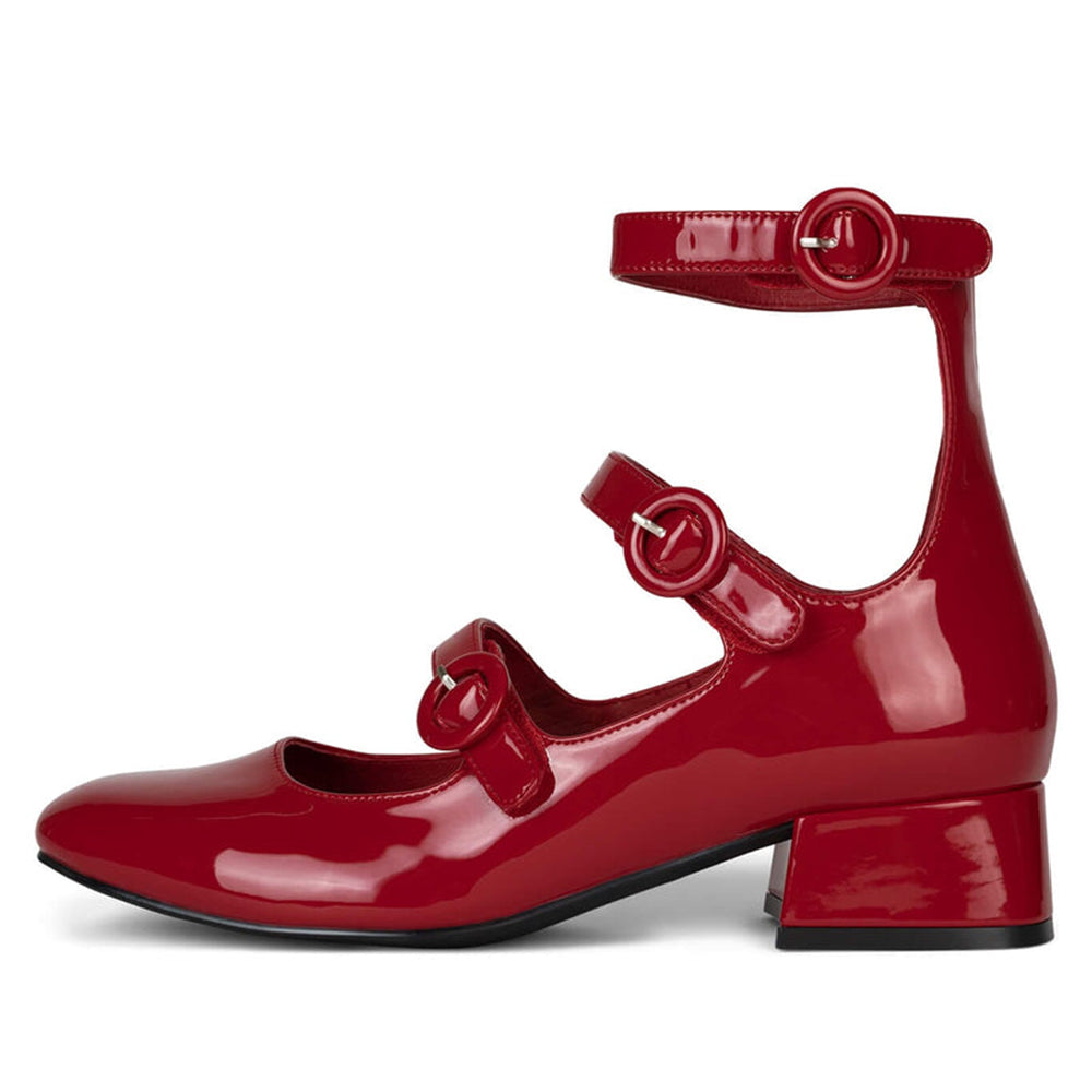 Red Patent Leather Closed Toe Chunky Heel Buckled Strappy Loafers