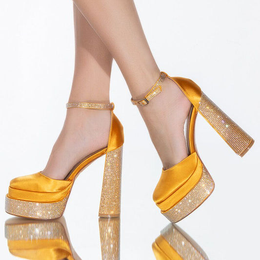 Women's Satin Square Toe Platform Heels Ankle Strap Rhinestone Pumps