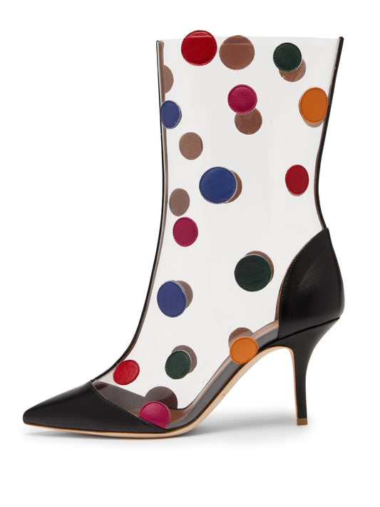 Black Stiletto Heel Colorful Dots Transparent Ankle Boots